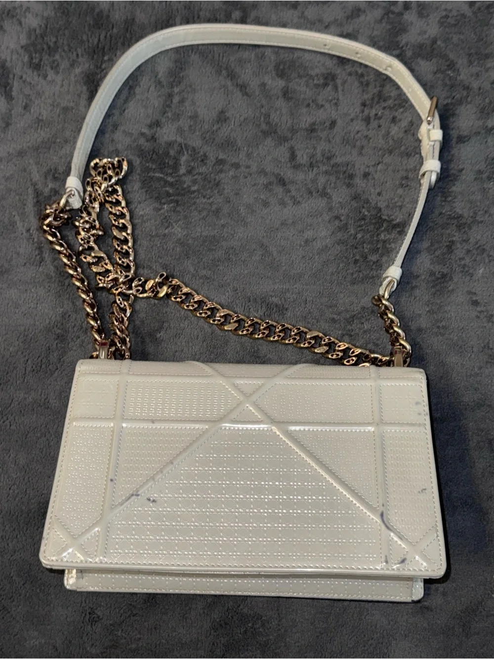 Authentic Christian Dior Diorama Medium Ivory Patent Micro Cannage Bag